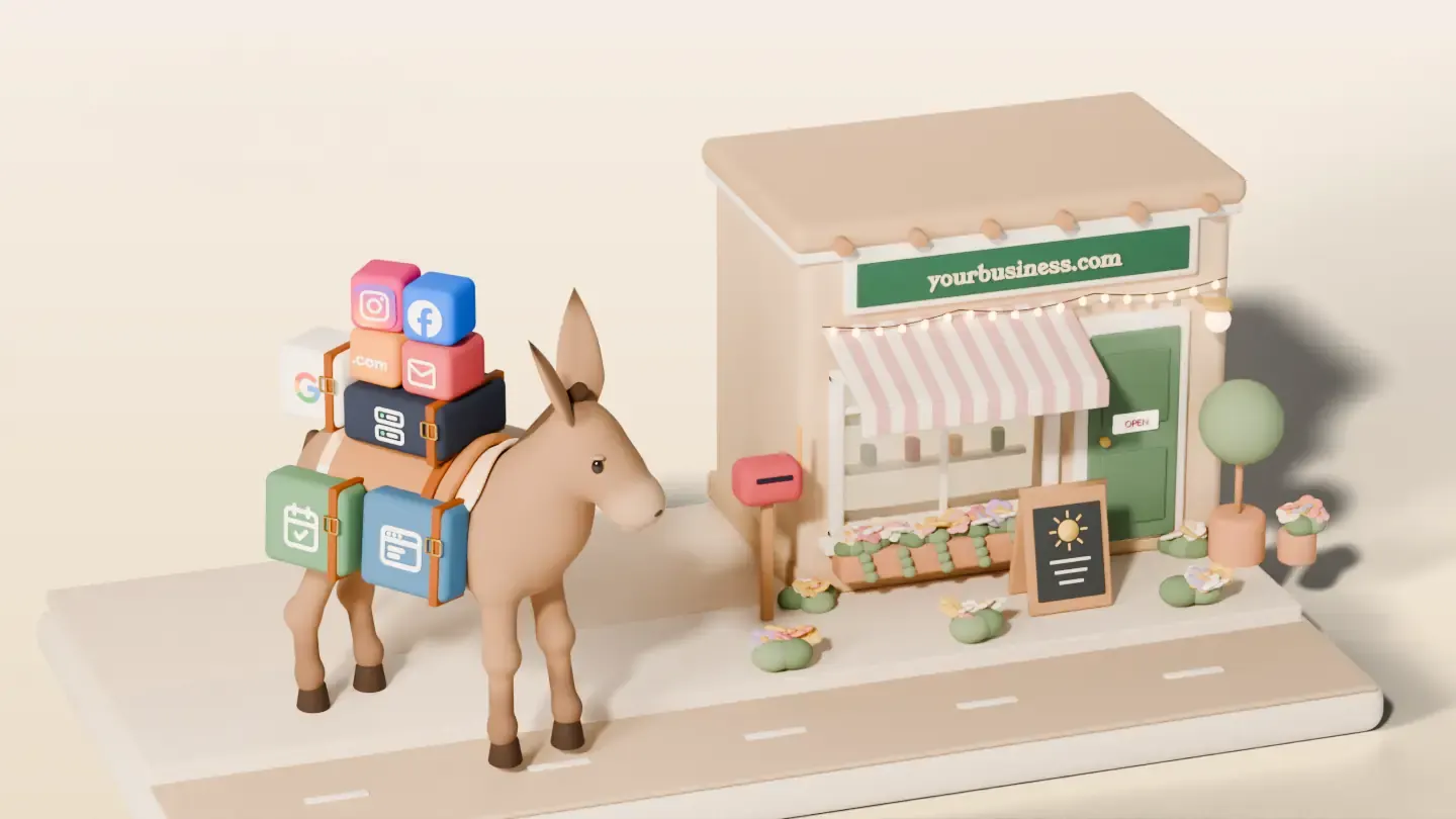 The mule, loaded with Website, Booking, Hosting, Domain, Email, Google, Instagram and Facebook packs, outside the finished shop with its lights on.